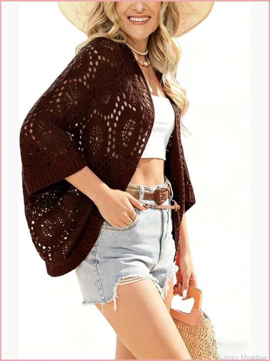 Sweaters - Lightweight Crochet Cardigan Open Front 3/4 Sleeve Boho Kimono Beach Cover Up